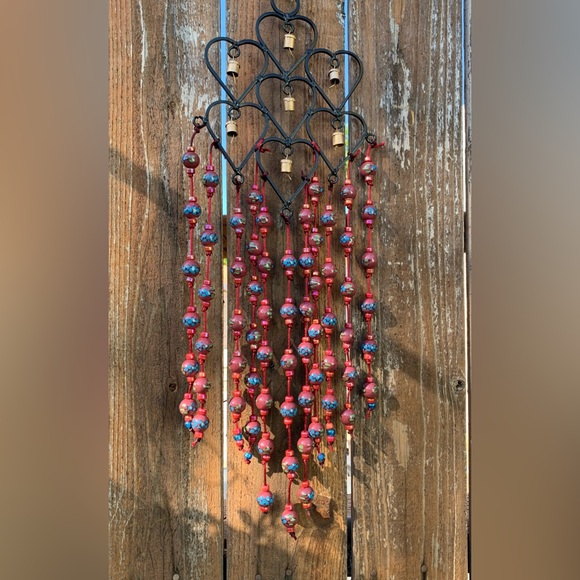 Diamond Shaped Heart Wind Chimes Hand Painted Burgundy Red Blue Porcelain Beads - Picture 4 of 4